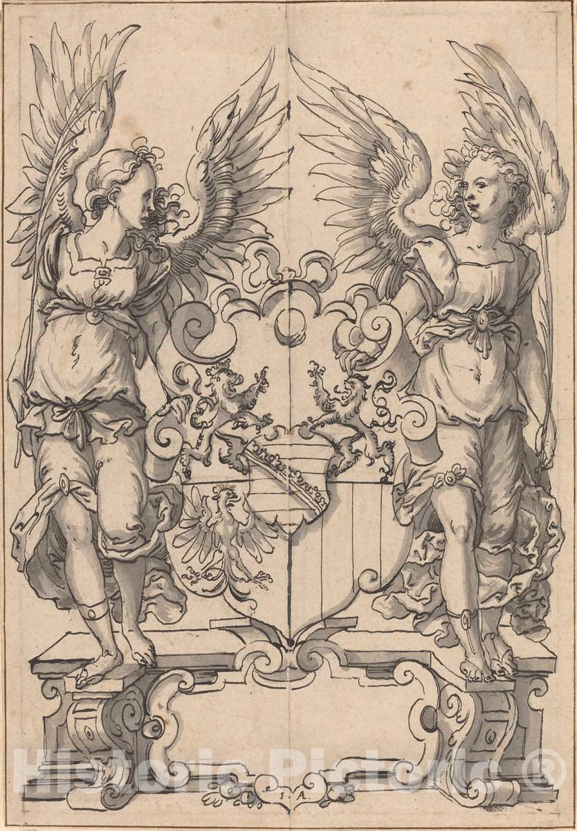 Art Print : Jost Amman, Two Angels Holding a Coat of Arms - Vintage Wall Art