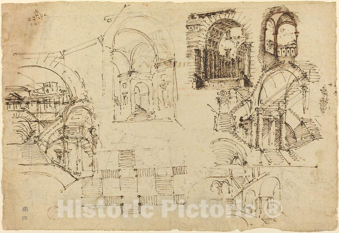 Art Print : Lorenzo Sacchetti, Designs for Palatial Staircases [Recto], c. 1800 - Vintage Wall Art