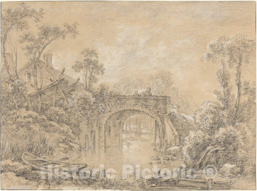 Art Print : FranÃ§ois Boucher, Landscape with a Rustic Bridge, c. 1740 - Vintage Wall Art