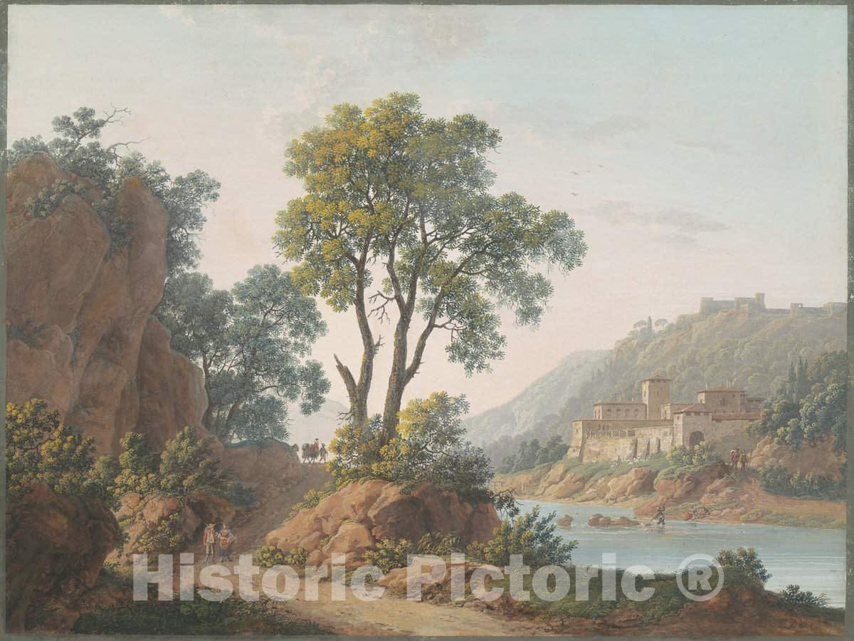 Art Print : Bacler d'Albe, River Landscape with Castles and Travelers, 1817 - Vintage Wall Art