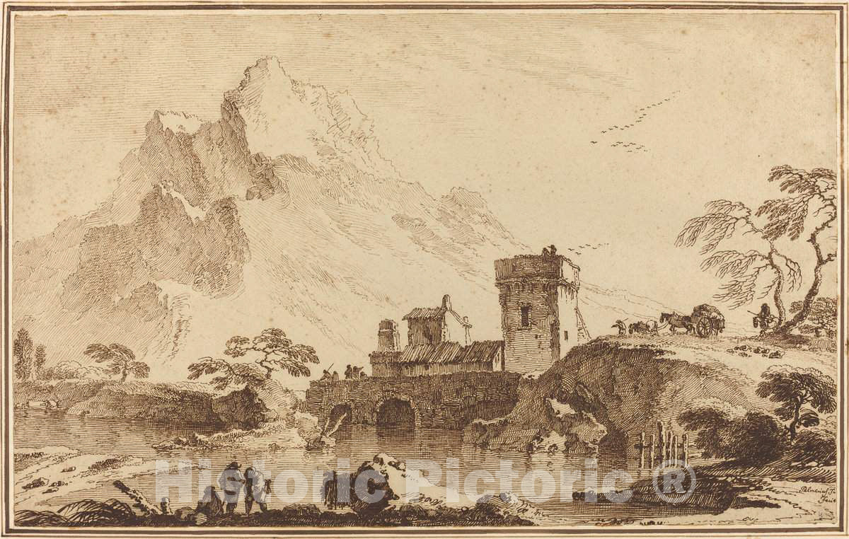 Art Print : Pietro Giacomo Palmieri, Fortified Bridge Against Distant Mountains, c. 1760 - Vintage Wall Art