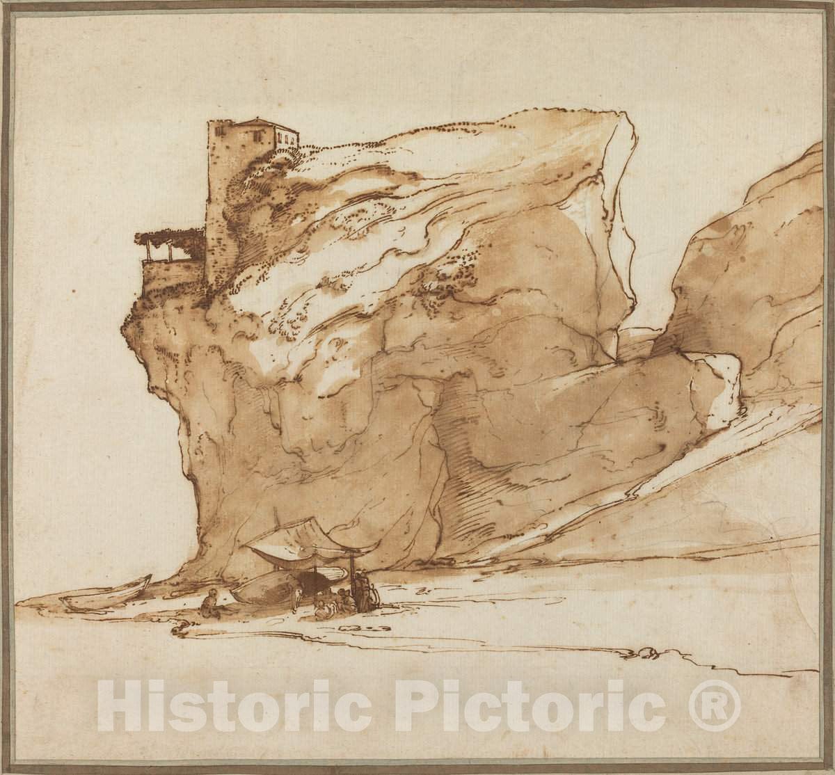 Art Print : Filippo Napoletano, Landscape with a Large Rock, c.1625 - Vintage Wall Art