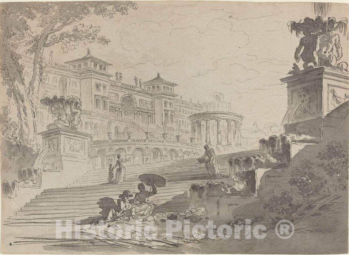 Art Print : Pierre Lelu, Fantasy on The Villa Medici with Fountains, c. 1768 - Vintage Wall Art