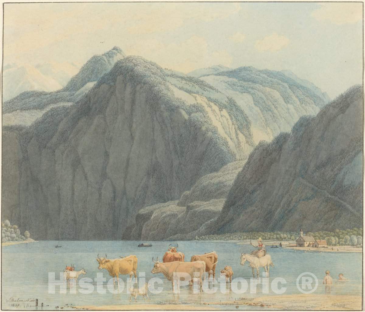 Art Print : Kobell, KÃ¶nigsee with The Cliffs of St. BartholomÃ«e, 1837 - Vintage Wall Art