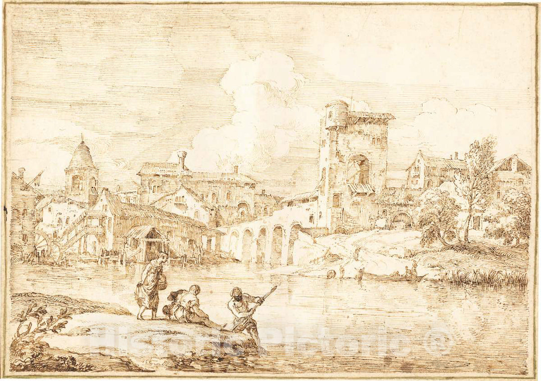 Art Print : Marco Ricci, A Fortified Village Along a River, 1720s - Vintage Wall Art