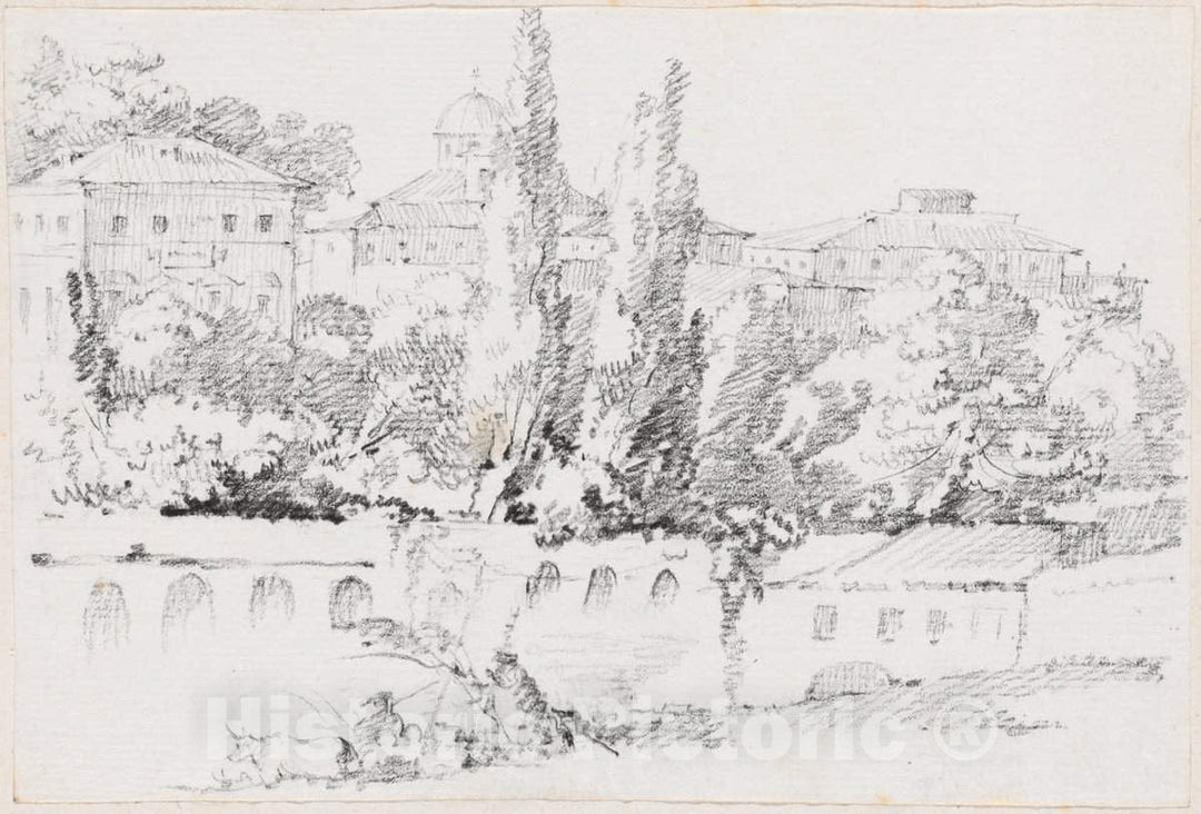 Art Print : Joseph-Marie Vien, Walls of Rome with Santa Maria del Popolo in The Distance, c.1747 - Vintage Wall Art