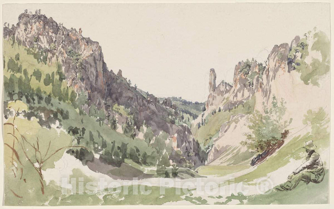 Art Print : Jakob Alt, A Seated Man Contemplating a Sunlit Mountain Valley, c. 1825 - Vintage Wall Art