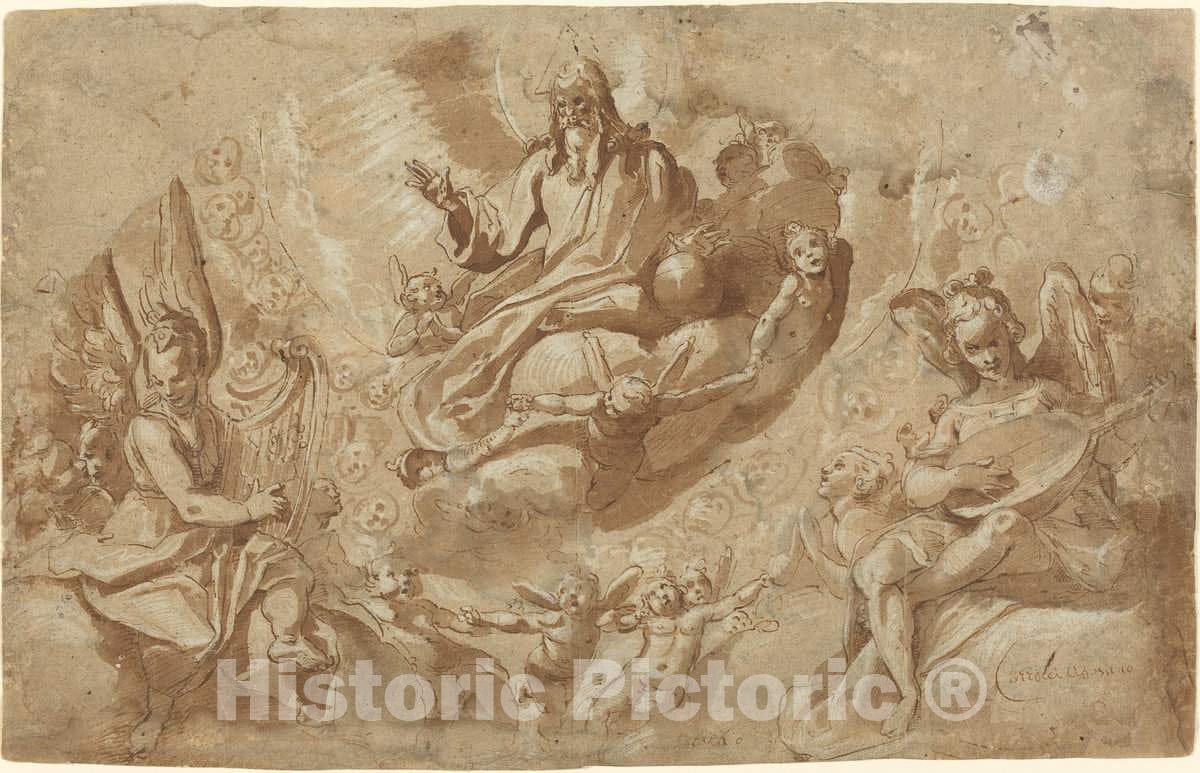 Art Print : Raffaello Motta, God The Father and Angels on Clouds - Vintage Wall Art