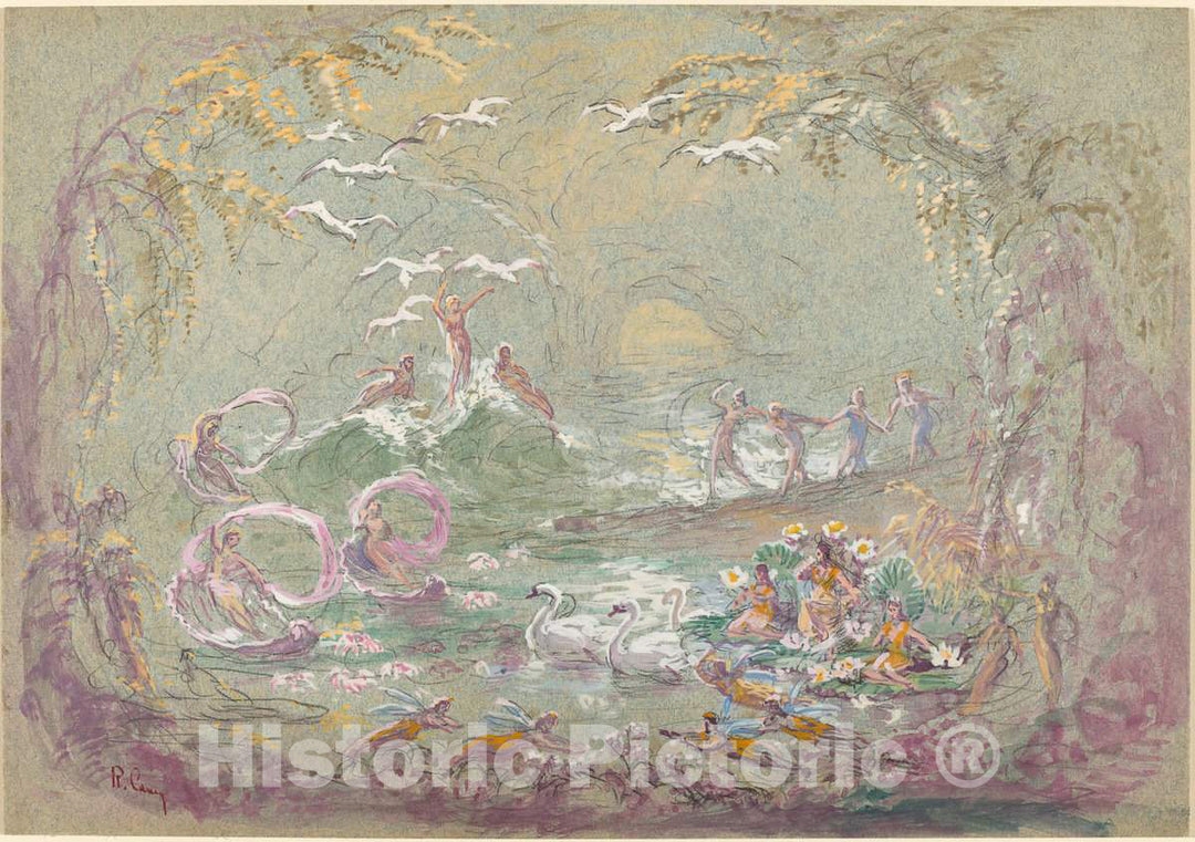 Art Print : Robert Caney, Lake Scene with Fairies and Swans - Vintage Wall Art