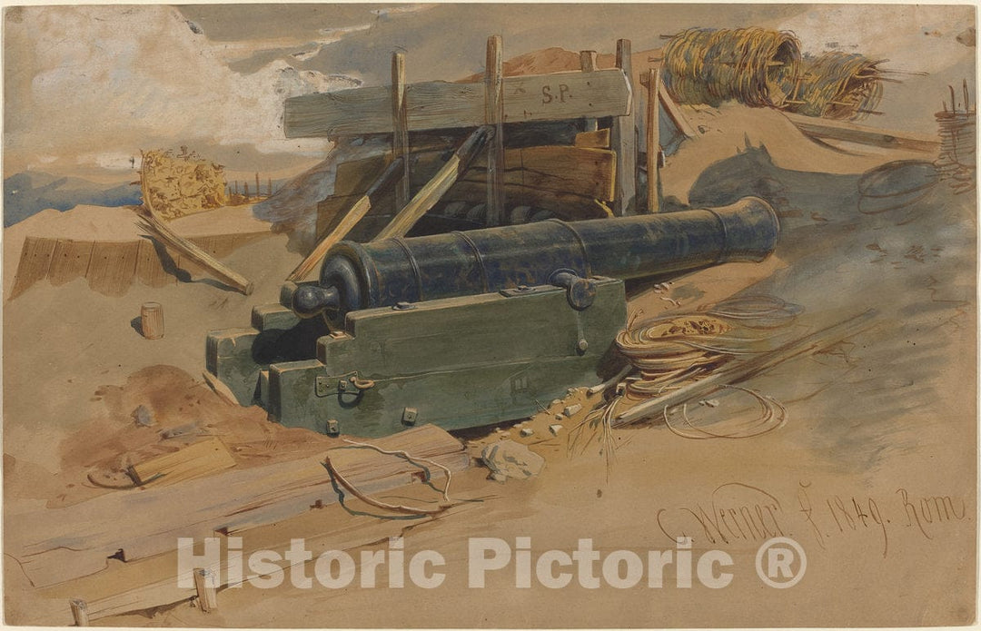 Art Print : Carl Friedrich Heinrich Werner, Cannon by a Bulwark, 1849 - Vintage Wall Art