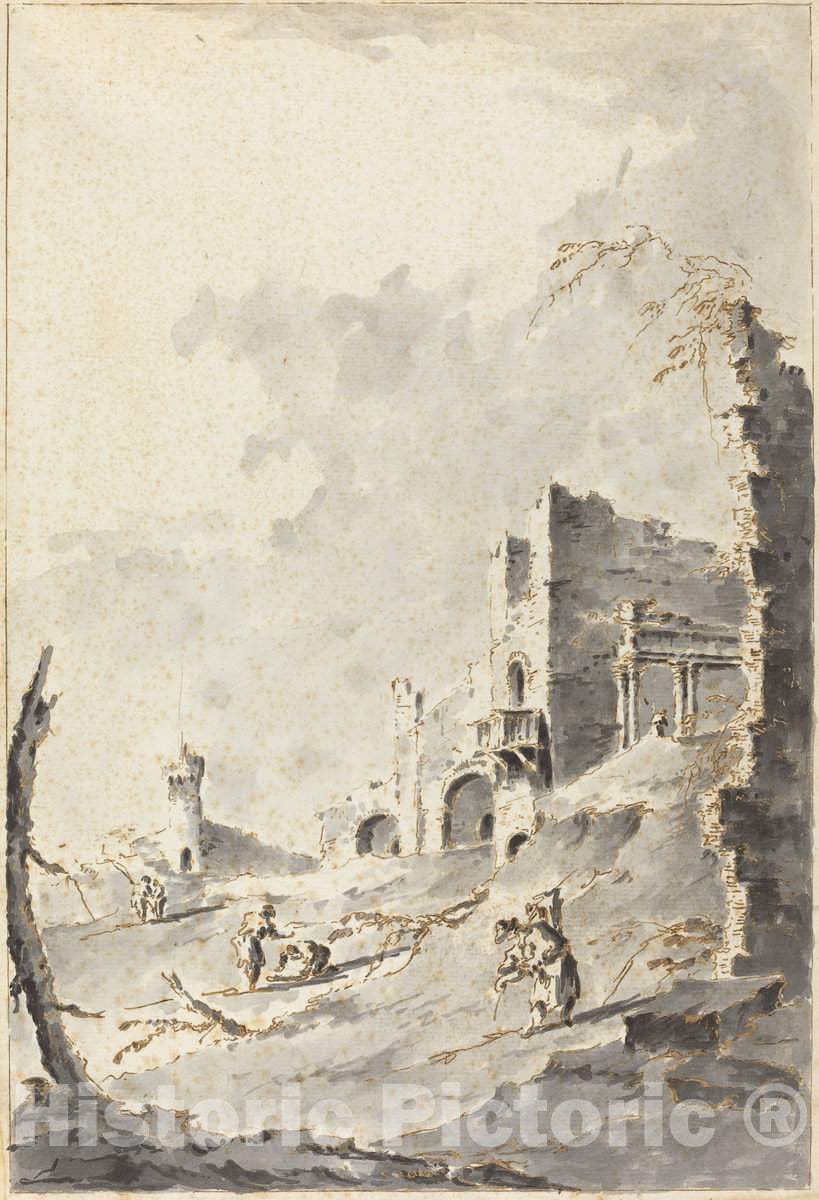 Art Print : Giacomo Guardi, Capriccio of Classical Ruins with a Fortress - Vintage Wall Art