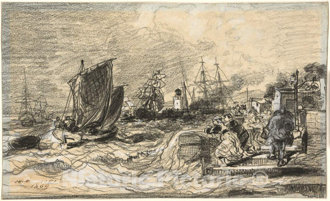 Art Print : Jules NoÃ«l, Breton Port with an Approaching Storm, 1869 - Vintage Wall Art