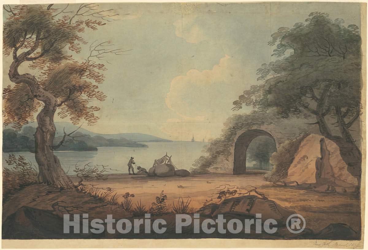 Art Print : Archibald Robertson, Mending Nets on The Hudson River, New York, 1804 - Vintage Wall Art