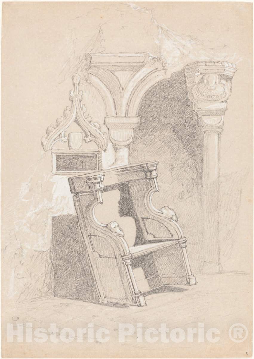 Art Print : John Sell Cotman, Sketch of Ruined Church Interior with Chair - Vintage Wall Art