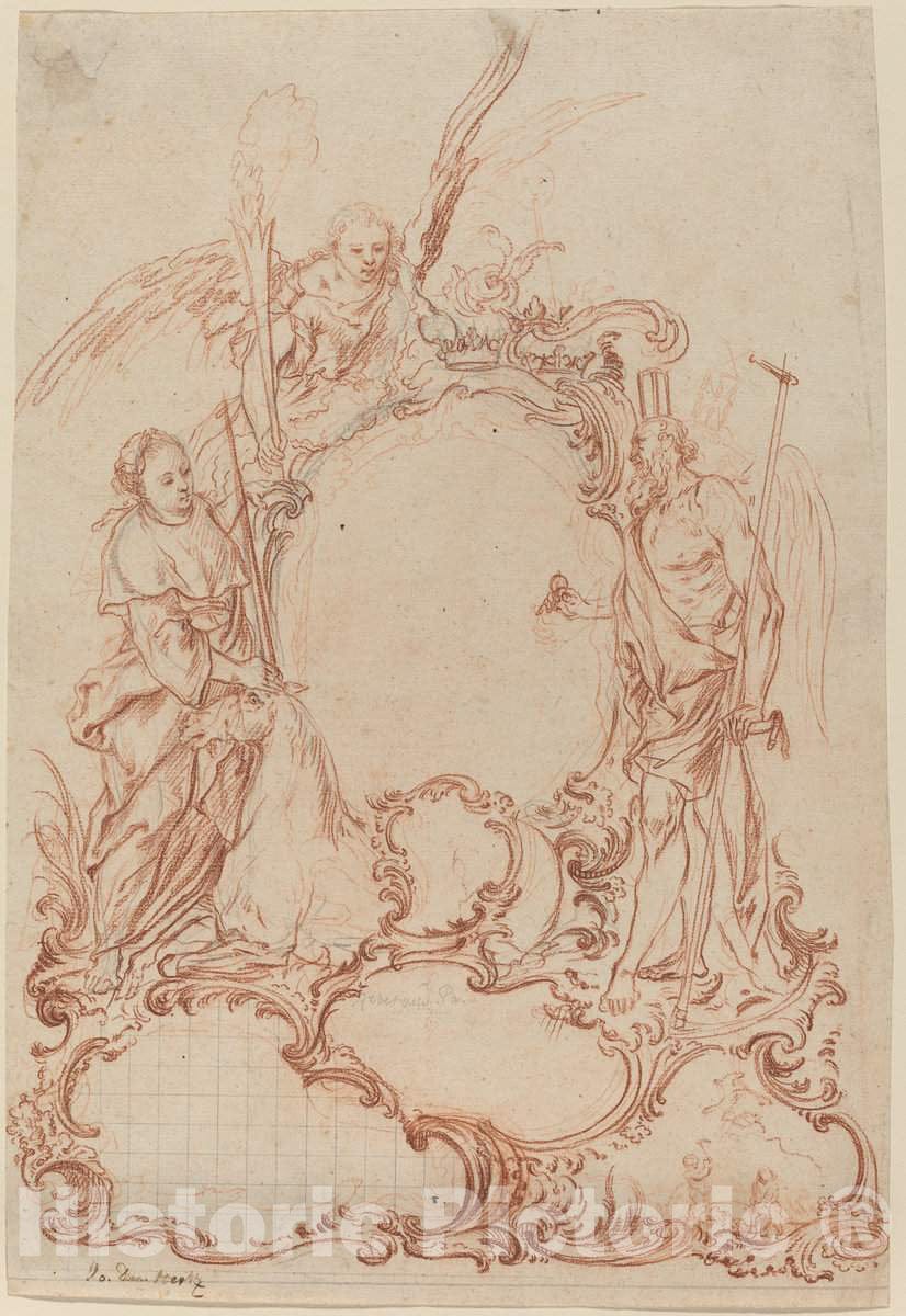 Art Print : Johann Daniel Herz The Elder, Rococo Cartouche with Allegorical Figures - Vintage Wall Art