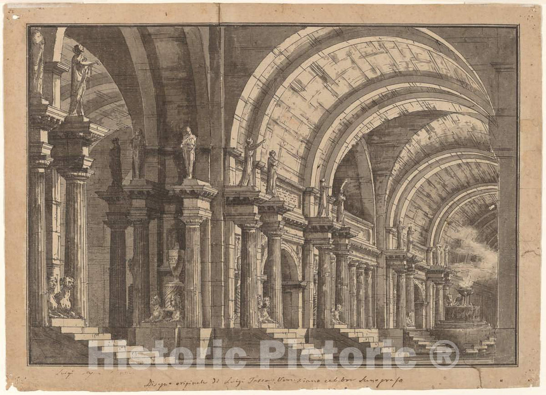 Art Print : Luigi Tasca, A Monumental Vaulted Hall with a Smoking Altar, c.1814 - Vintage Wall Art