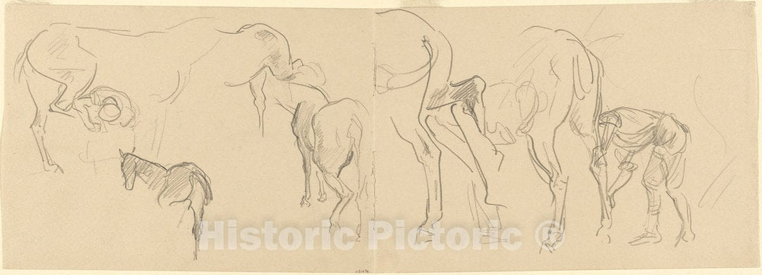 Art Print : John Singer Sargent, Studies for Shoeing Calvary Horses at The Front [Recto], 1918 - Vintage Wall Art