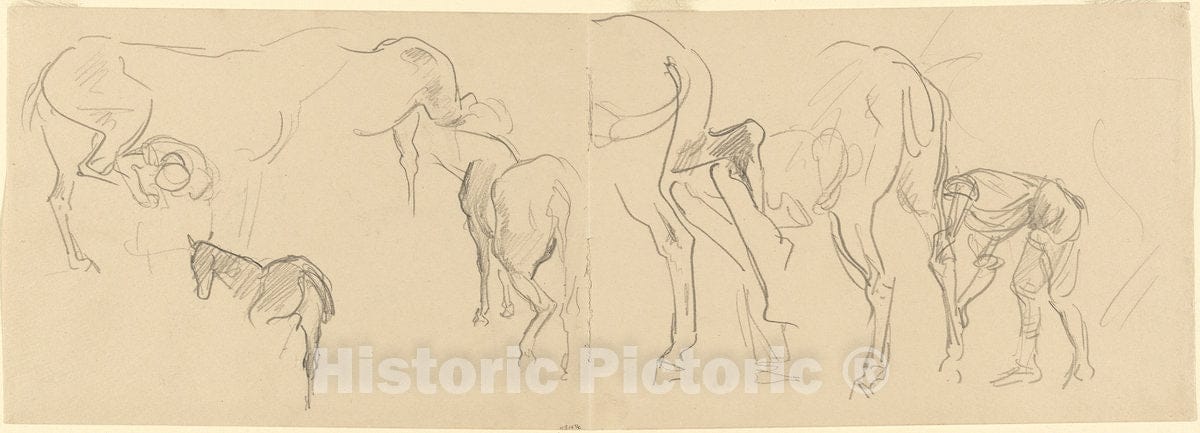 Art Print : John Singer Sargent, Studies for Shoeing Calvary Horses at The Front [Recto], 1918 - Vintage Wall Art