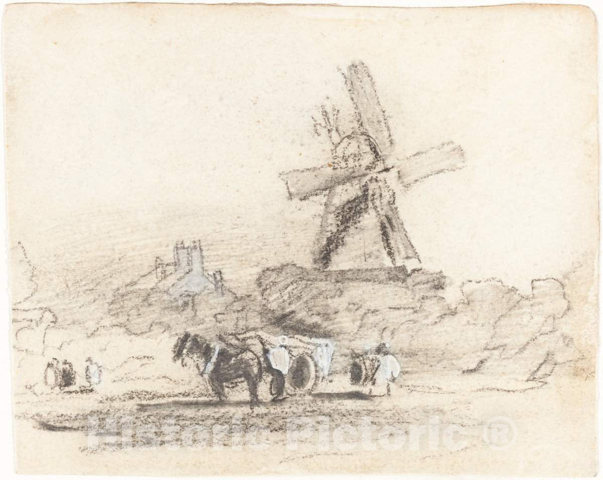 Art Print : David Cox, A Cart with Two Horses Near a Windmill - Vintage Wall Art