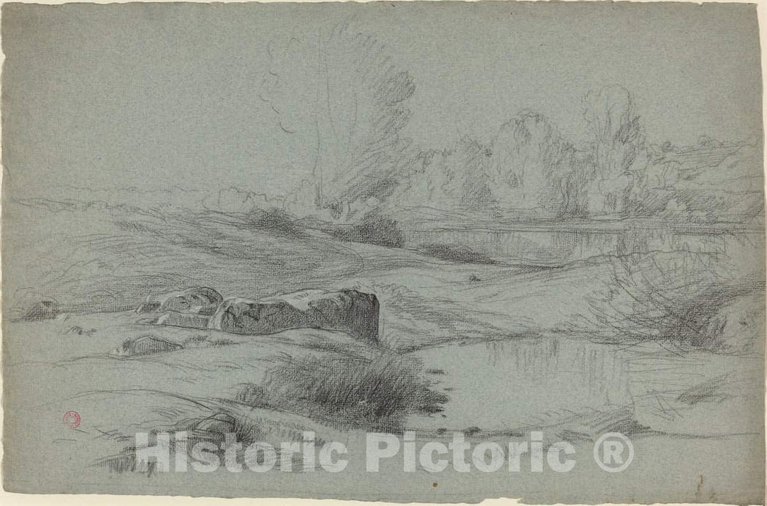 Art Print : Jean Achille Benouville, A Rocky Meadow by a River, c. 1840 - Vintage Wall Art