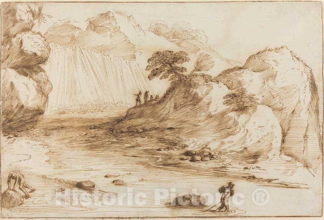 Art Print : Giovanni Francesco Barbieri, Landscape with a Waterfall - Vintage Wall Art