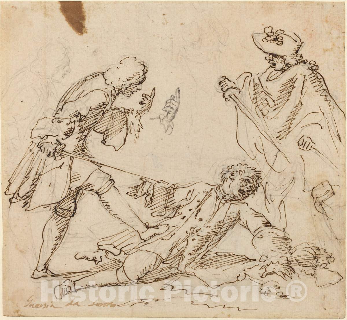 Art Print : Three Men Fighting, c. 1700 - Vintage Wall Art