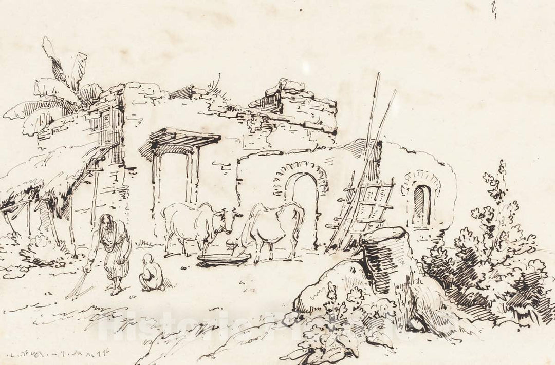 Art Print : George Chinnery, A Village Scene in India [Verso], c.1819 - Vintage Wall Art