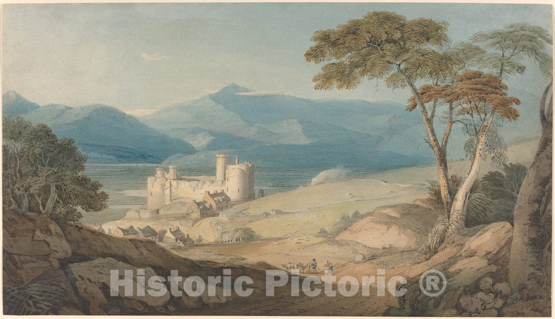 Art Print : John Varley, Harlech Castle and Snowdon, c. 1805 - Vintage Wall Art