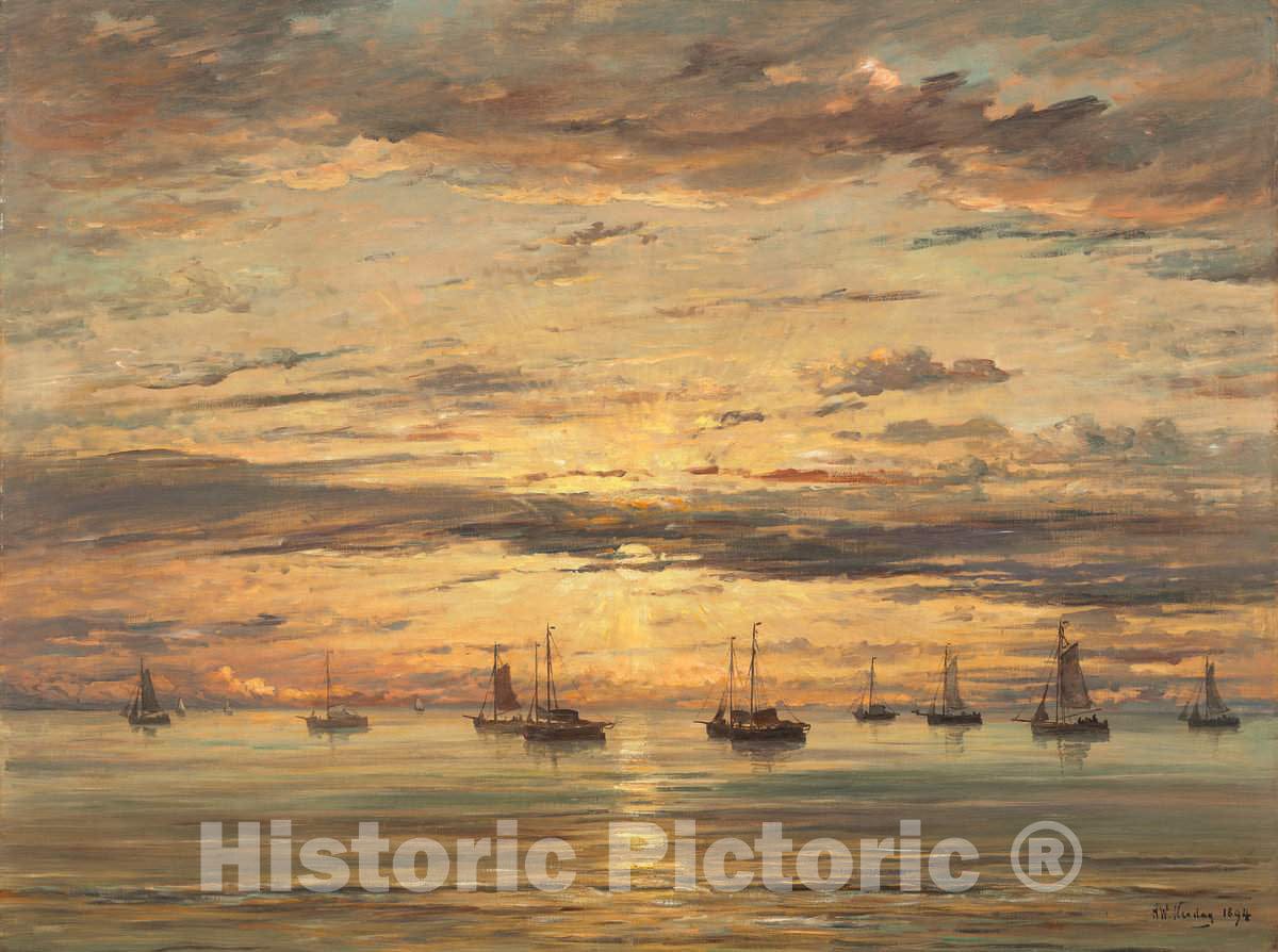 Art Print : Hendrik Willem Mesdag, Sunset at Scheveningen: A Fleet of Fishing Vessels at Anchor, 1894 - Vintage Wall Art