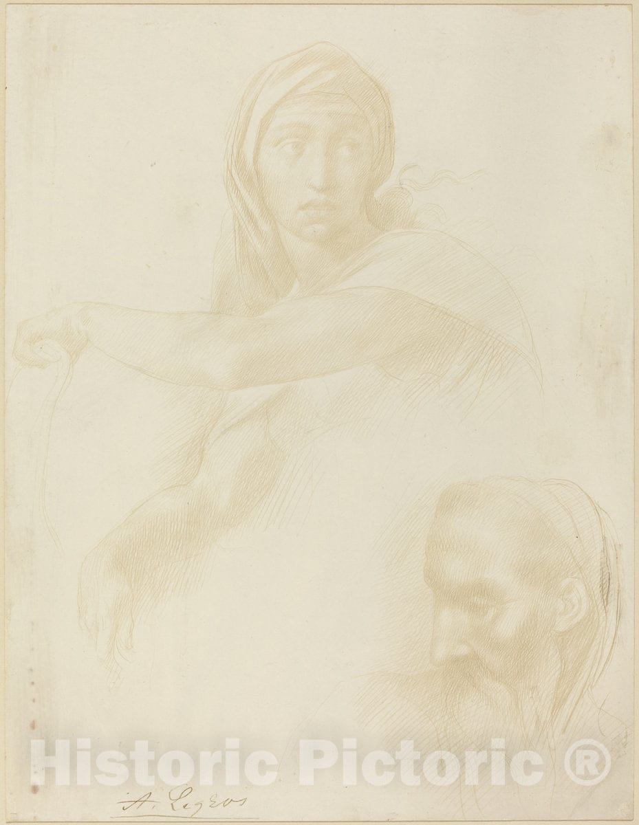 Art Print : Legros After Michelangelo, Study of Delphic Sibyl; Head of a Man - Vintage Wall Art