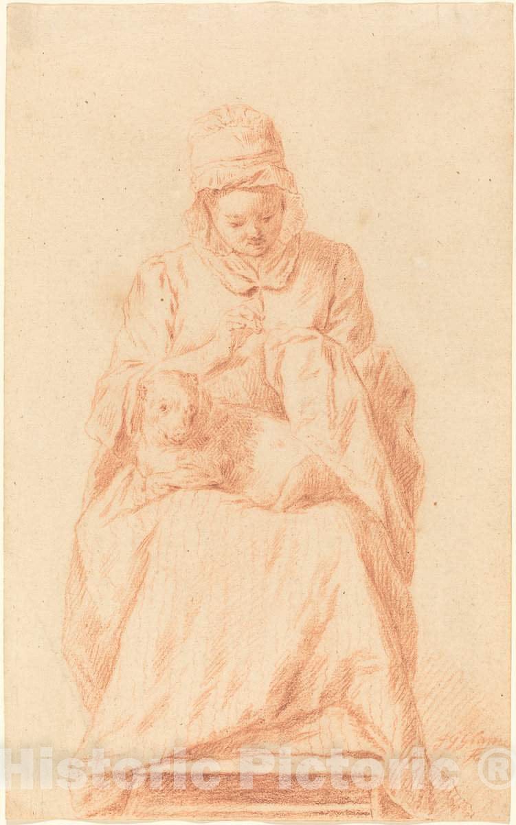 Art Print : Johann Gottlieb Glume, Young Woman Sewing with a Dog Resting on Her Lap, 1750s(?) - Vintage Wall Art