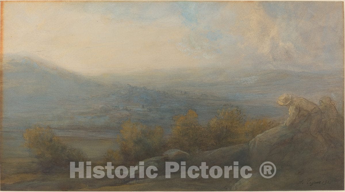 Art Print : Alphonse Legros, Mountain Landscape with Two Figures at The Right, 1905 - Vintage Wall Art