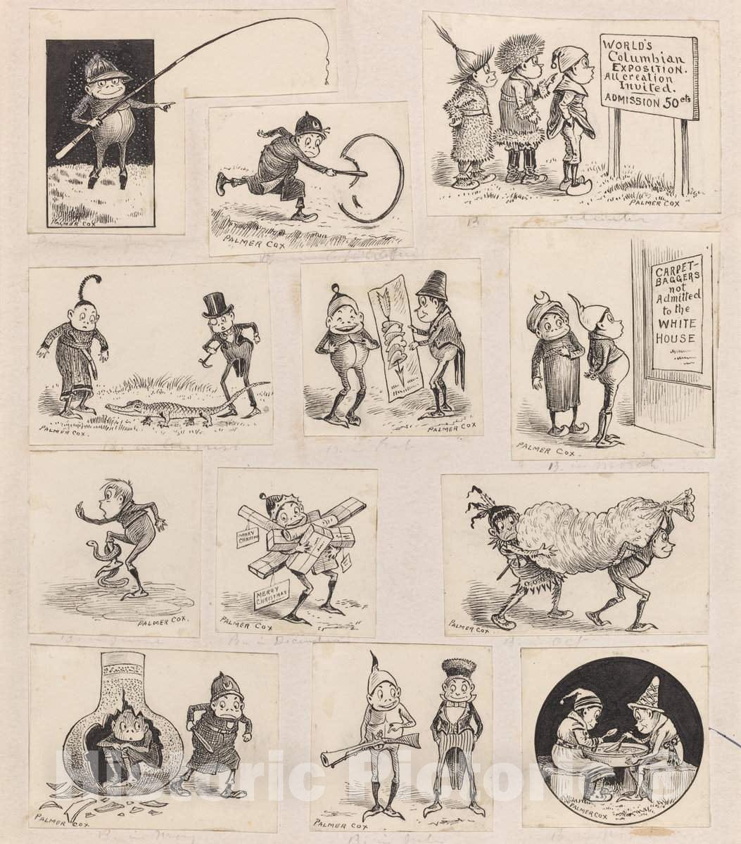 Art Print : Palmer Cox, Brownies at Home - Twelve Vignettes, c. 1893 - Vintage Wall Art