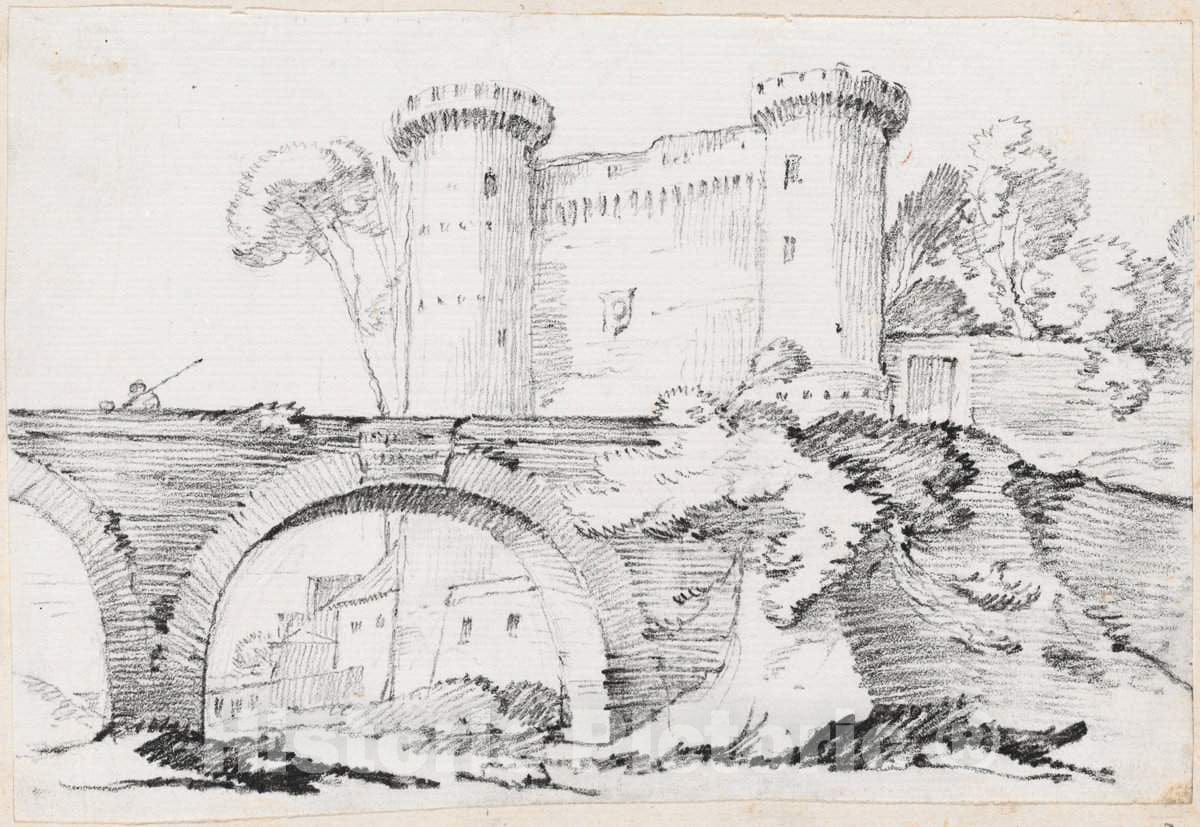 Art Print : Joseph-Marie Vien, A Stone Bridge and The Fortified Entrance to a Town, c.1747 - Vintage Wall Art