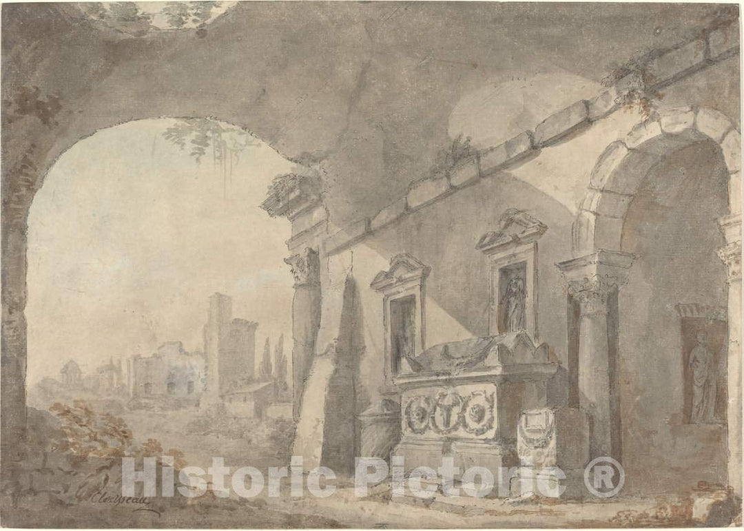 Art Print : Charles Louis ClÃ©risseau, Roman Ruins with a Sepulchre - Vintage Wall Art