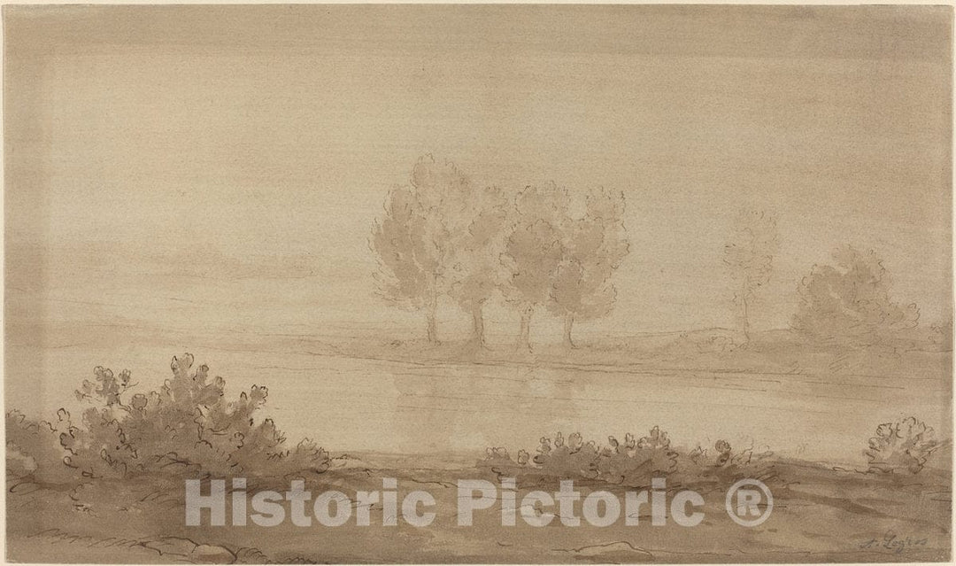 Art Print : Alphonse Legros, Landscape - Four Trees Beyond a River - Vintage Wall Art