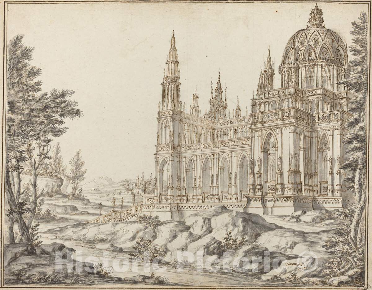 Art Print : Vincenzo dal Re, Cathedral in a Landscape - Vintage Wall Art