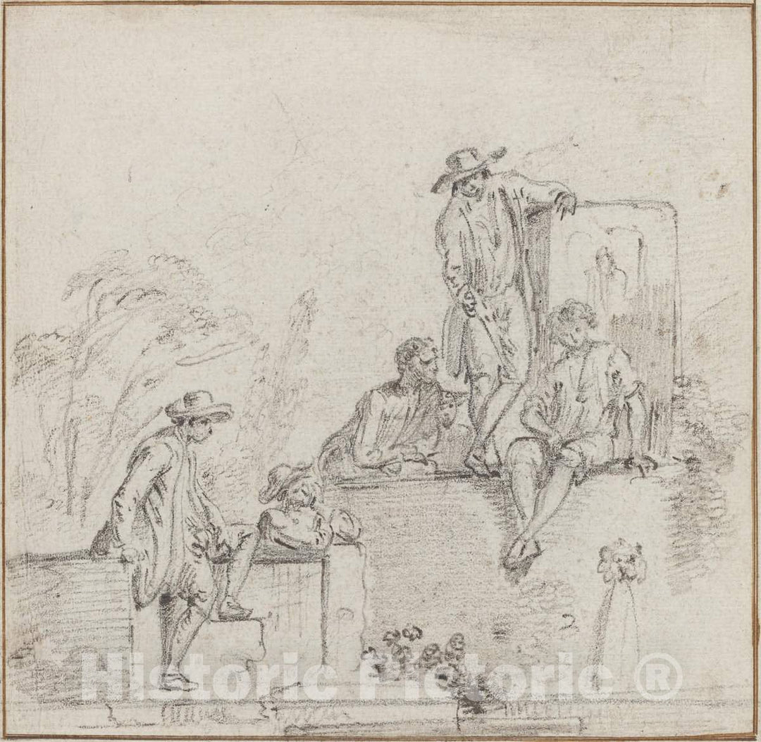 Art Print : Lallemand, Figures Seated Around a Fountain, c. 1755 - Vintage Wall Art