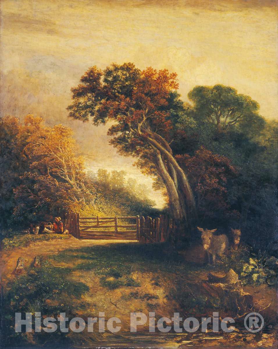 Art Print : Joseph Paul, Landscape with Picnickers and Donkeys by a Gate, c. 1830-1880 - Vintage Wall Art