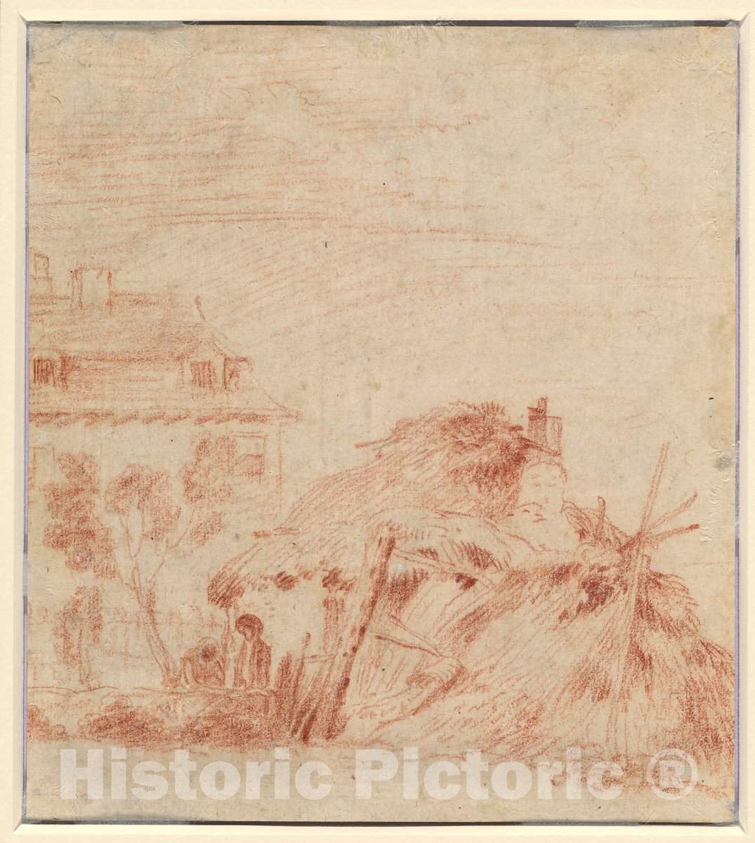 Art Print : Antoine Watteau, View of a House, a Cottage, and Two Figures [Verso], c.1719 - Vintage Wall Art