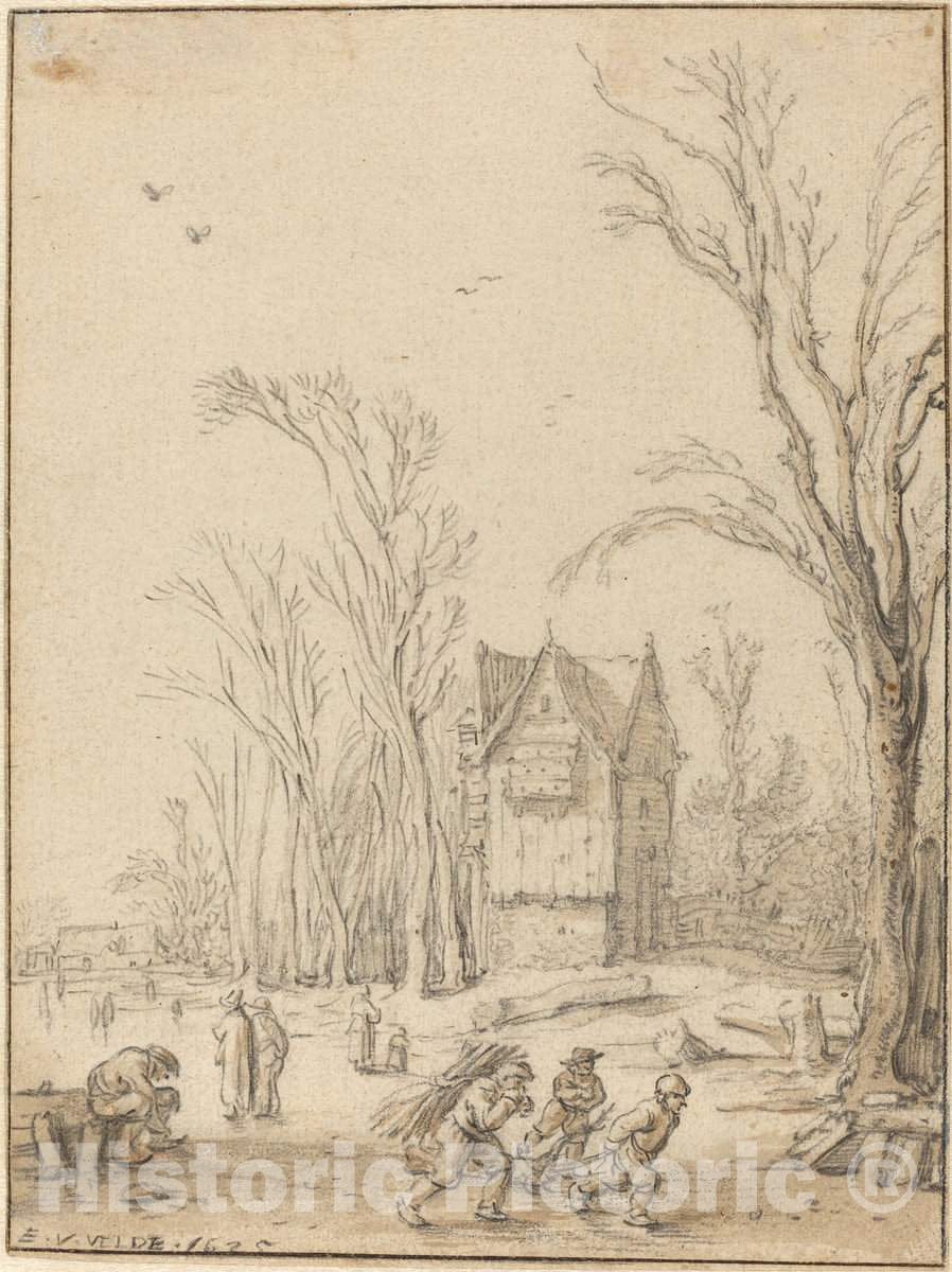 Art Print : Esaias Van de Velde, Villagers Skating on a Frozen Pond, 1625 - Vintage Wall Art