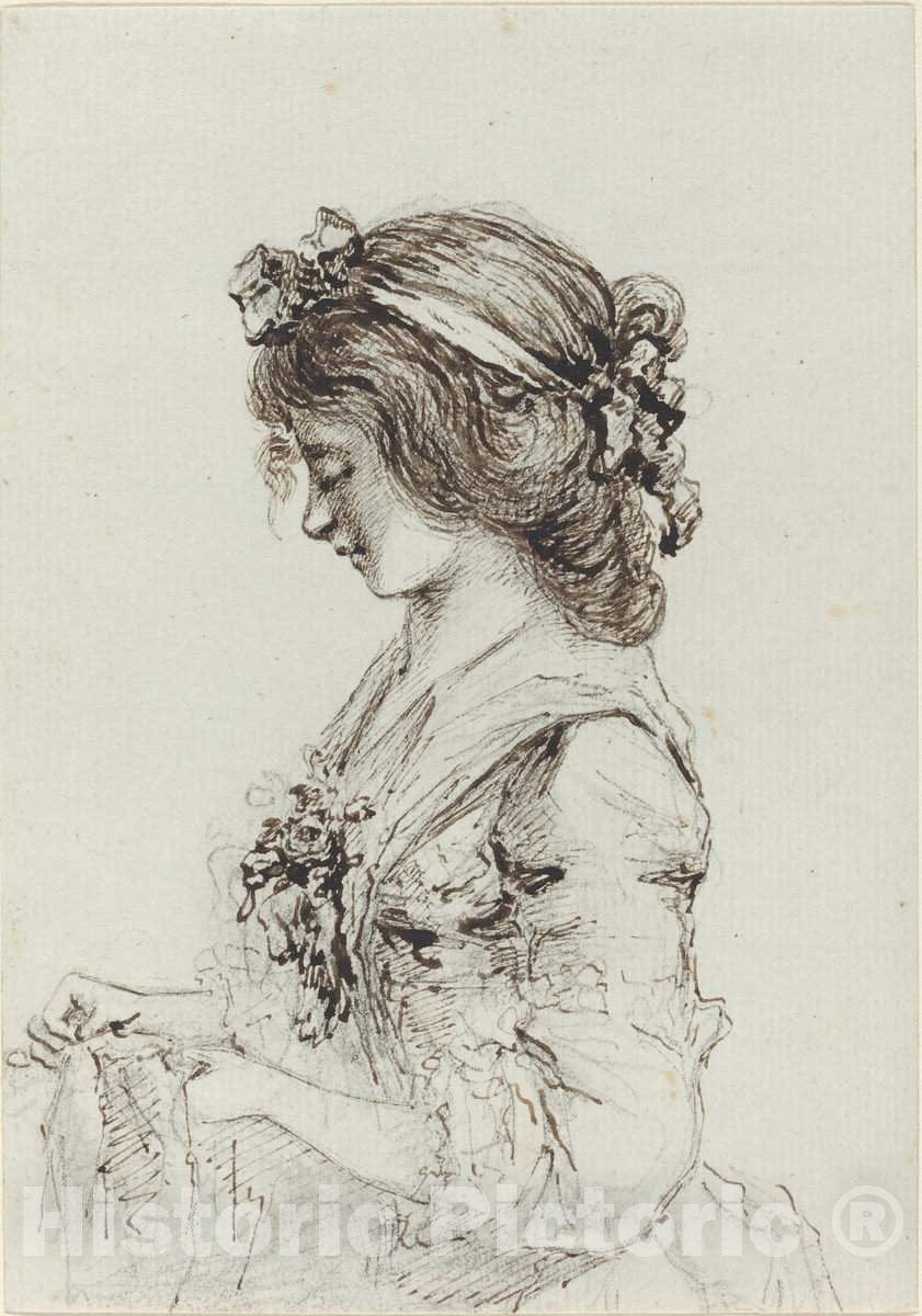 Art Print : Vivant Denon, A Young Woman Sewing [Recto], c. 1790 - Vintage Wall Art