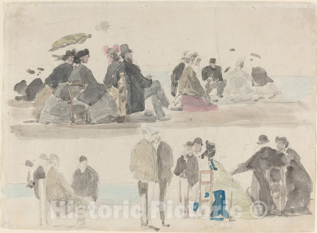 Art Print : EugÃ¨ne Boudin, Ladies and Gentlemen on The Beach, in Two Registers, c. 1865 - Vintage Wall Art