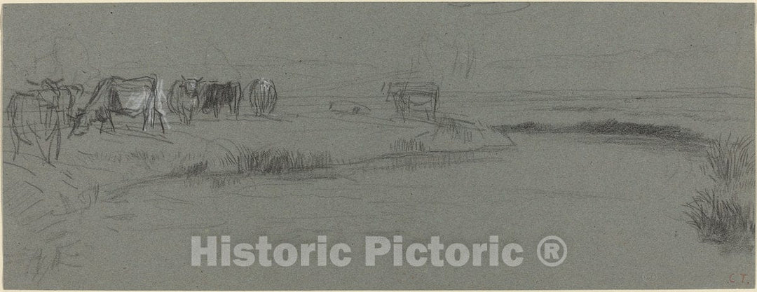 Art Print : Constant Troyon, River Bank with Cattle, After 1850 - Vintage Wall Art