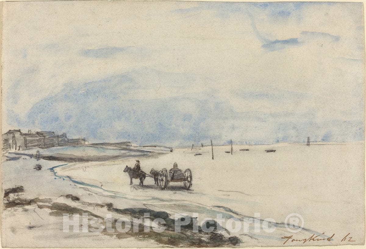 Art Print : Johan Barthold Jongkind, Cart on The Beach at Etretat, 1862 - Vintage Wall Art