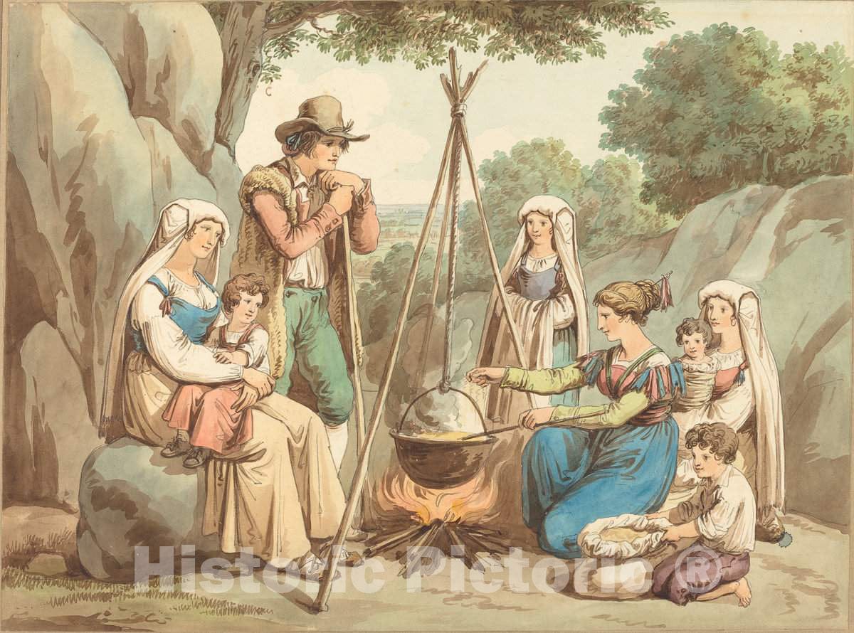 Art Print : Bartolomeo Pinelli, A Peasant Family Cooking Over a Campfire - Vintage Wall Art