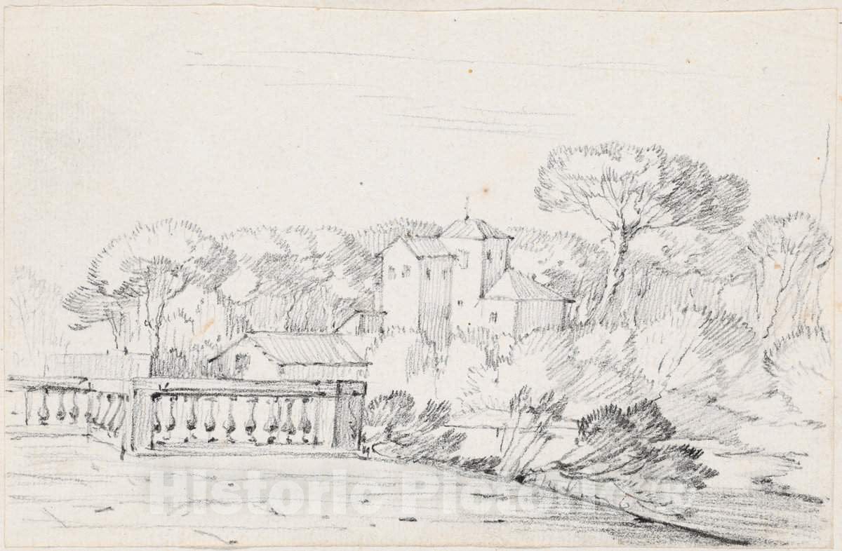 Art Print : Joseph-Marie Vien, Terrace by a River with a Villa and Trees Beyond, c.1747 - Vintage Wall Art