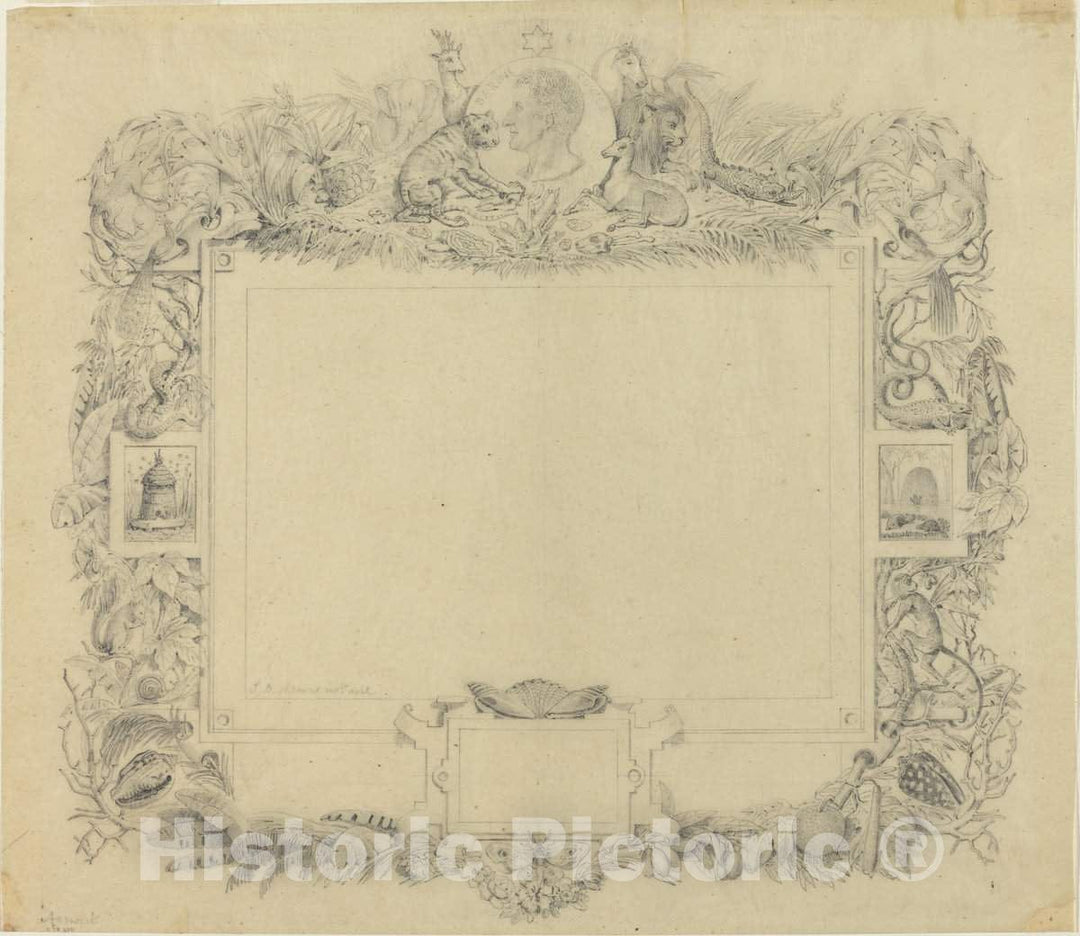 Art Print : Baptiste Arnout, Design for a Border with a Portrait of Baron Cuvier - Vintage Wall Art