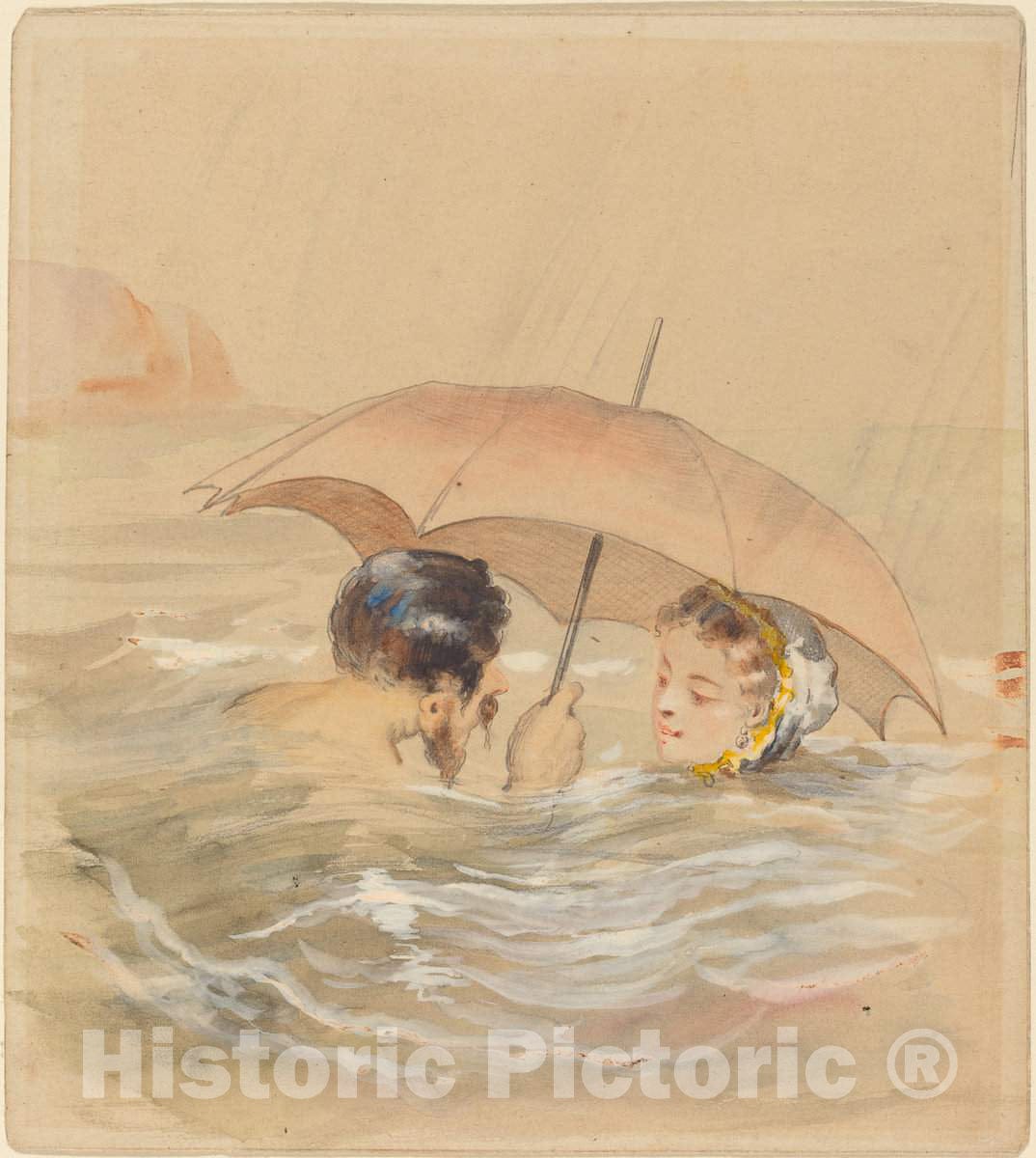 Art Print : Alfred GrÃ©vin, Male and Female Bathers with Umbrella - Vintage Wall Art