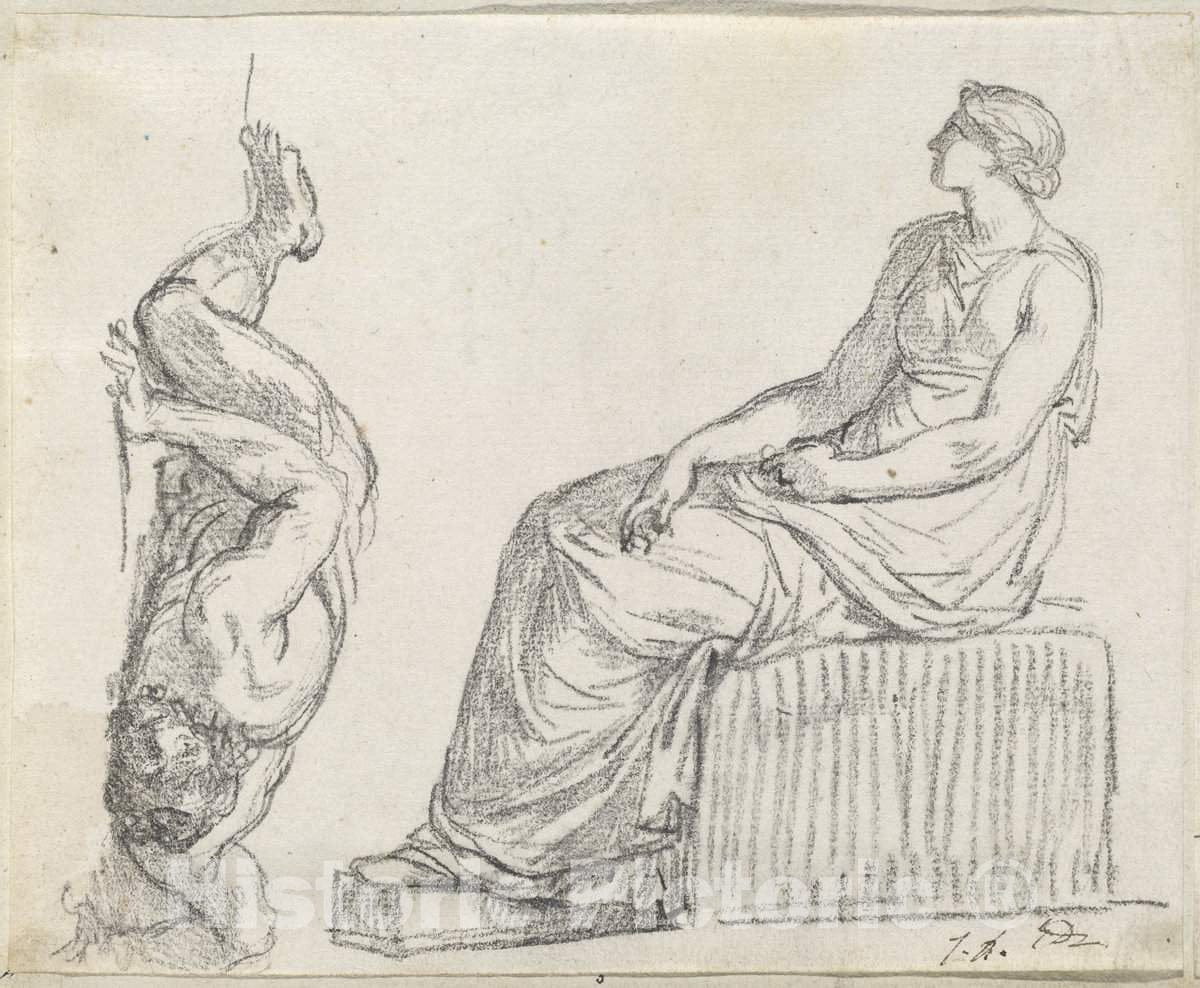 Art Print : Jacques-Louis David, Seated Woman and Man Sprawling on The Ground, c.1775 - Vintage Wall Art